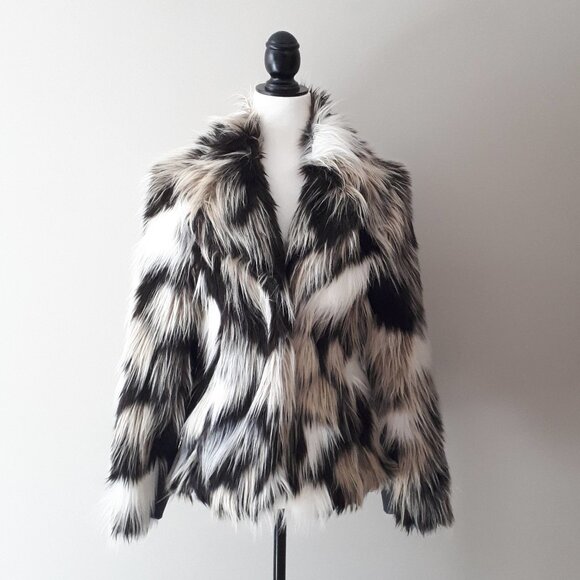 NWOT H&M black and white faux fur jacket w/ faux leather accents and pockets, 2 - Picture 3 of 7